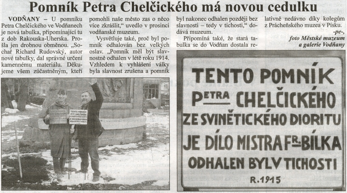 Obrázek - Týdeník Strakonicko - Pomník Petra Chelčického má novou cedulku