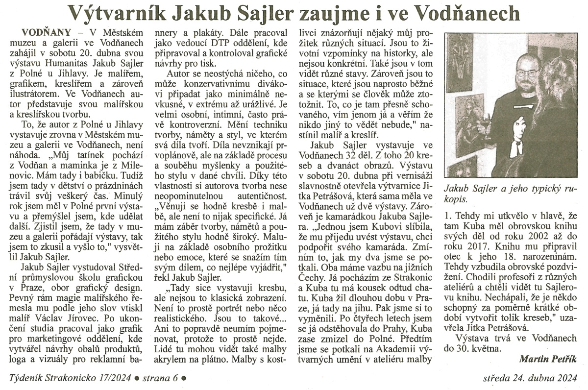 Obrázek - Výtvarník Jakub Sajler zaujme i ve Vodňanech